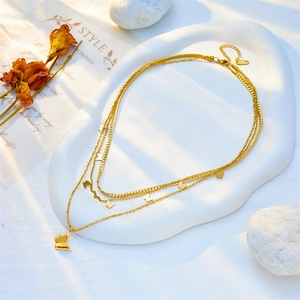 Three-layer gold titanium steel butterfly pendant necklace with bead and snake chains