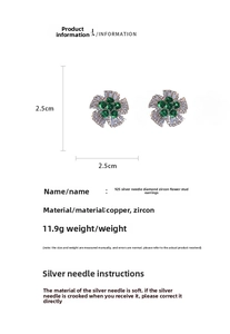 Detail view of 2.5cm green zircon flower earrings with S925 silver needle and dimensions