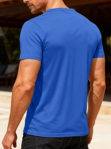 Rear view of men's blue slim fit athletic t-shirt showing breathable fabric and cut