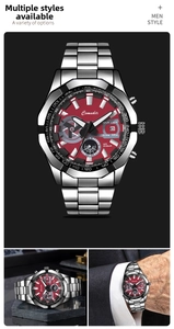 Detalle del reloj deportivo Comuder con esfera roja y correa de acero inoxidable