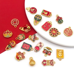 Detailed view of DIY golden enamel lucky pendants featuring traditional Chinese motifs
