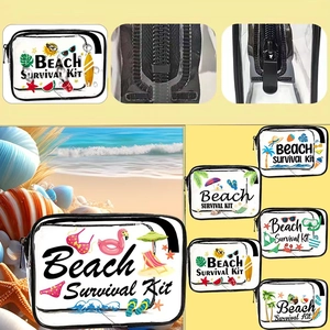 Macro view of clear PVC makeup bag details with black trim and Beach Survival Kit print