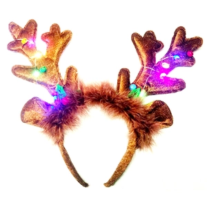 Christmas reindeer antler headband with brown plush fabric and colorful LED string lights