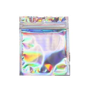 Detailed view of square holographic laser resealable bag with zipper and hanging hole