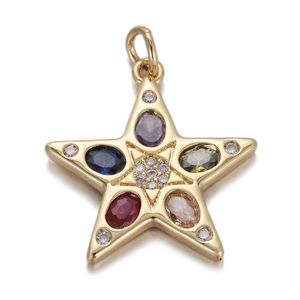 Detailed view of a gold star pendant with colorful gemstones and diamond accents