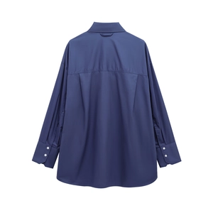 Deep blue long sleeve casual shirt with back pleat detail shown on white background