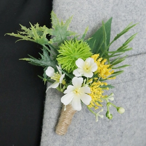 Artificial Wedding Boutonniere Satin Flower Greenery With Hemp Rope Forest Style Corsage For Groom Groomsman Business Event