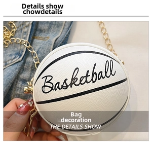 Detail of white mini basketball bag with textured PU leather and chunky gold chain strap