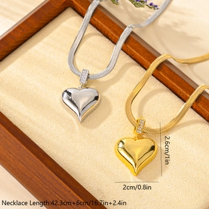 Stainless steel flat snake chain with crystal heart pendant in gold and silver finish