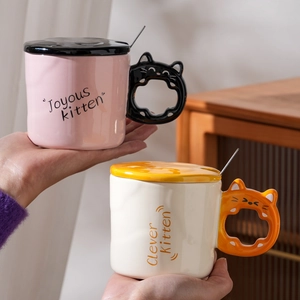 Cute Cat Ceramic Mug With Cat Shaped Handle And Lid Including Spoon Creative Cartoon Desktop Coffee Cup For Office Home