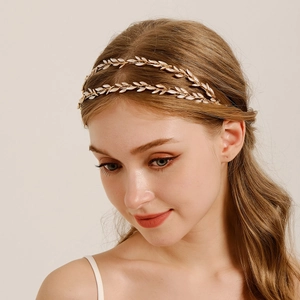Elegant gold double-layered leaf headband with pearl accents for wedding hair accessories