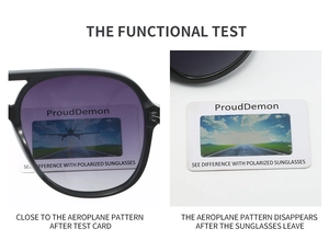 Polarized lens test showing a hidden airplane pattern for classic aviator sunglasses
