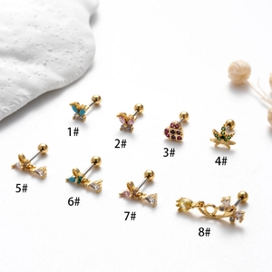Set of 8 gold stainless steel studs featuring colorful zircon butterflies and hearts