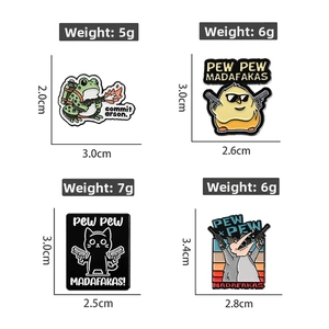 Detailed view of creative cartoon meme enamel pins set with weapon-holding animals