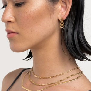 Gold layered stainless steel necklace and chain earrings worn by a female model