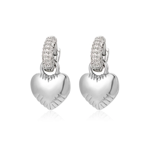Silver heart-shaped hoop earrings with sparkling cubic zirconia stones and mirror polish