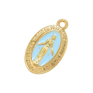 Golden oval pendant with blue enamel Virgin Mary relief and engraved religious prayer