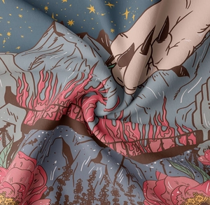 Detailed close-up showing soft twill fabric texture and tarot-style mountain floral print
