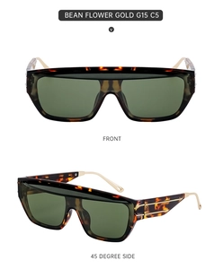 Detailed front and side view of tortoiseshell square sunglasses with gold metal temples