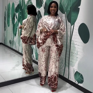 Women's 2-piece set with floral print top and high-waist wide-leg pants in silky satin