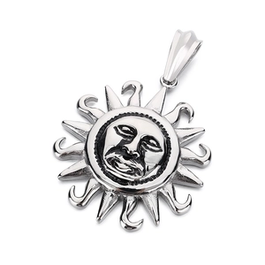 Vintage stainless steel sun totem pendant necklace with embossed face for men
