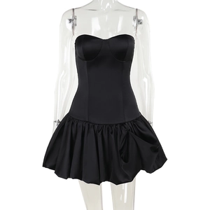 Elegant strapless black A-line dress with slim fit and ruched satin finish on white background