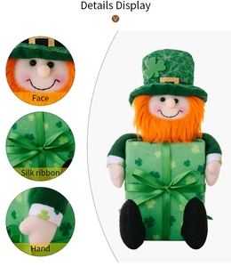 Detailed display of St. Patrick's Day gnome featuring plush face and silk ribbon texture