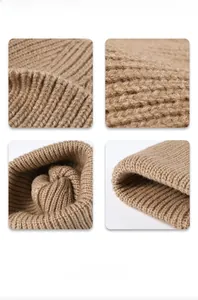 Close-up of the chunky knit pattern and warm brown texture on the winter beanie