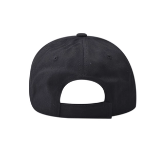 Detail of black baseball cap back showing adjustable strap and breathable eyelets