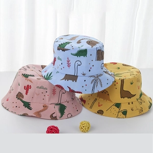 Cartoon dinosaur print cotton sun hats for toddlers in blue pink and yellow colors