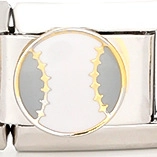 DIY stainless steel charm bracelet featuring a white baseball link with gold stitching