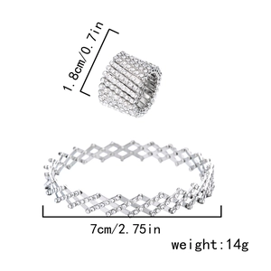 Detail showing dimensions of silver rhinestone retractable ring and magic folding bracelet