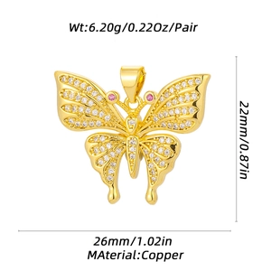 Golden butterfly pendant with pink stone eyes and clear zircon details with dimensions