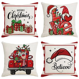Set of four Christmas pillow covers with festive gnome and truck designs on linen fabric