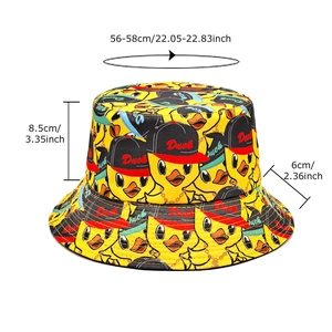 Chapeau bob jaune avec motifs canards et spécifications de taille 56-58cm sur fond blanc