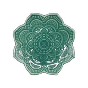 Nordic ceramic mandala jewelry tray with embossed lotus pattern in celadon glaze