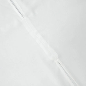 Detailed close-up of white semi-sheer chiffon fabric with clean stitching and fine texture