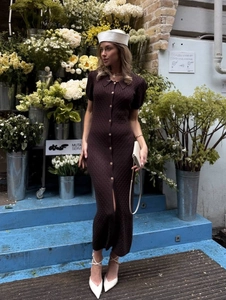 French style dark purple rib-knit dress with puff sleeves and button-down front detail