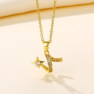 Star Initial Pendant Necklace Stainless Steel Zircon Wave Clavicle Chain Minimalist Fashion Jewelry For Women