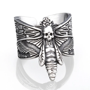 Gothic skull and moth wing stainless steel ring for men and women in vintage silver finish