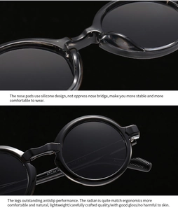 Detailed macro view of comfortable silicone nose pads and sturdy hinges on round sunglasses