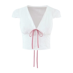 Women V Neck Crop Top Cotton Eyelet Embroidery Blouse French Retro Sweet Gingham Bow Tie Lace Trim Hollow Out Shirt
