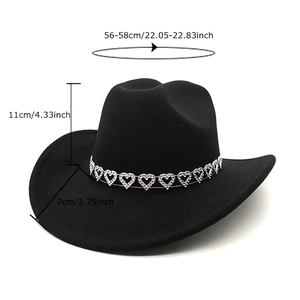 Chapeau de cowboy noir en laine avec bandeau cœur argenté, taille réglable 56-58cm