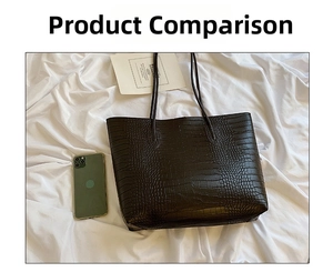 Detail of crocodile embossed leather tote bag showing texture and size with a smartphone