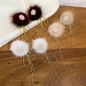 Elegant pearl flower earrings with fur balls and golden chain tassels in three colors
