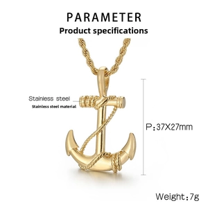 Detail view of a vintage gold anchor pendant in stainless steel with twisted rope accents