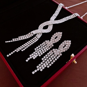Sparkling silver fringe necklace and earrings jewelry set in a red velvet display gift box