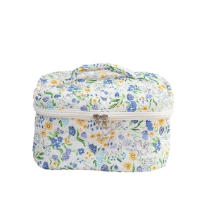 Quilted cotton floral makeup bag with bunny pattern and sturdy handle for travel