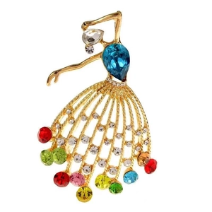 Vintage gold ballet dancer brooch featuring a pear-shaped royal blue crystal and colorful rhinestones