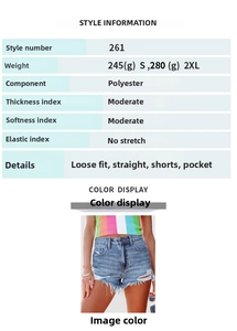 Detail view of light blue denim shorts featuring frayed edges and polyester fabric specs